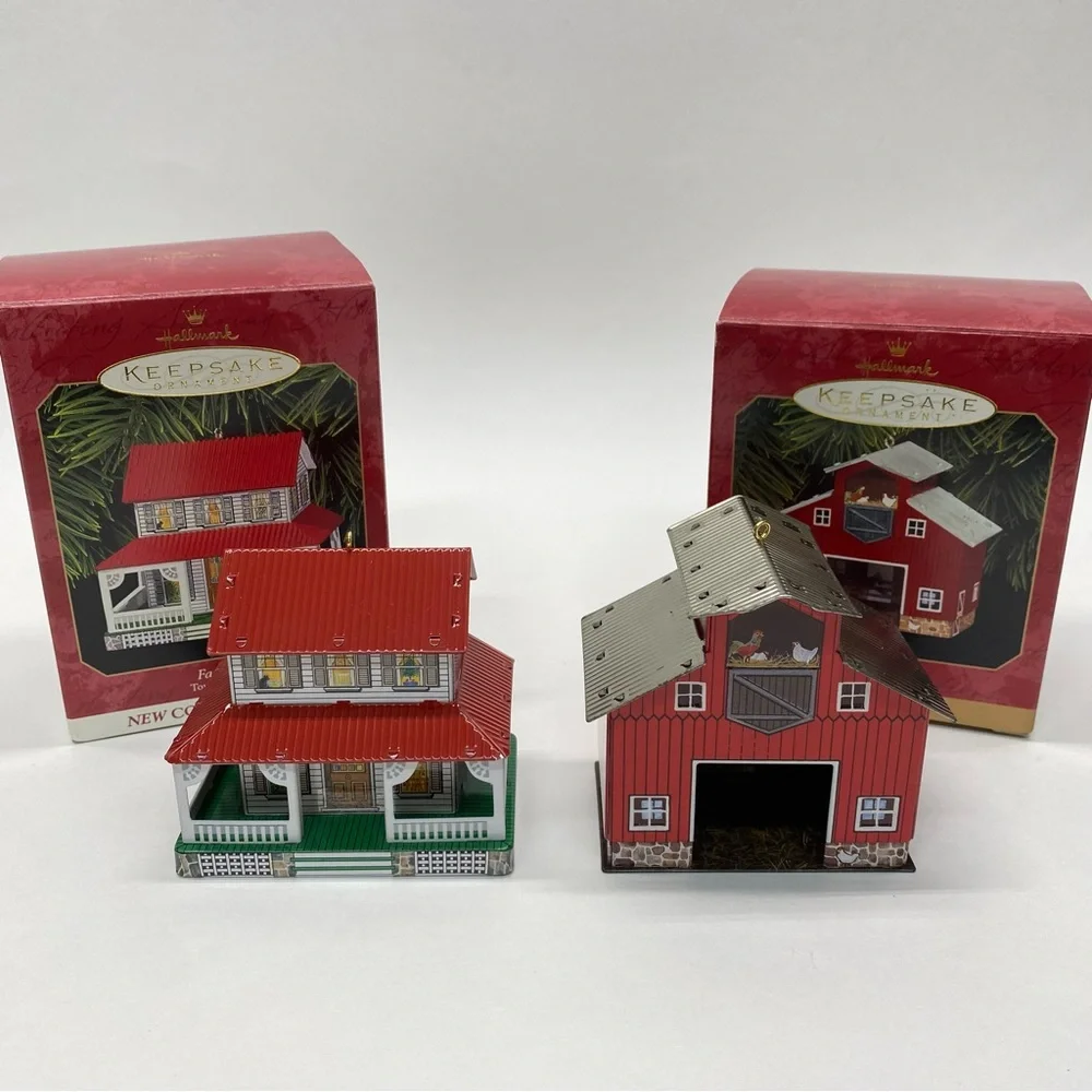 Hallmark Keepsake Ornaments Town & Country Series Farm House & Red Barn Set of 2